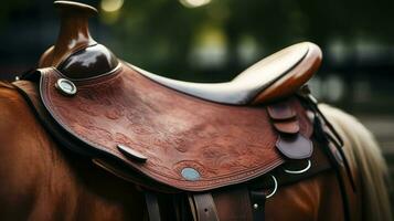 ai generato equitazione nel stile - cattura il Perfetto in forma di un' sella su un' maestoso Marrone cavallo foto