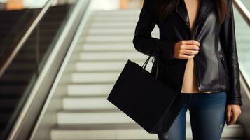 ai generato medio sezione di donna Tenere shopping Borsa nel davanti di scala Comunità centro commerciale foto