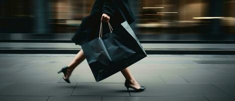 ai generato sfocato movimento di donna a piedi e Tenere carta shopping Borsa nel indietro Visualizza foto