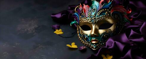 ai generato mardi gras festa invito copia spazio bandiera con elegante carnevale maschera isolato buio sfondo foto