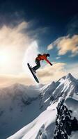 ai generato un' snowboarder l'esecuzione un' trucco nel a mezz'aria, con il innevato montagna nel il sfondo foto