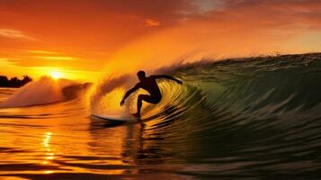 ai generato un' surfer equitazione un' onda nel il oceano, con il sole ambientazione dietro a loro foto