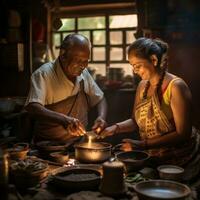 ai generato un' toccante azione foto di un vecchio coppia cucinando prima colazione insieme nel loro tradizionale cucina