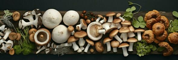 ai generato superiore Visualizza varietà di crudo funghi su buio sfondo. vegano cibo concetto. foto