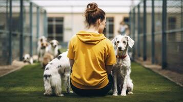 ai generato un' giovane donna di viaggio di cura e coinvolgente con cani nel un animale riparo foto