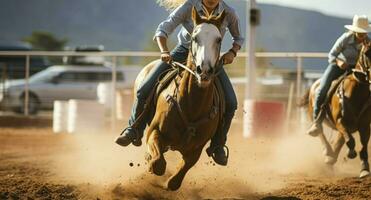 ai generato azione di cowgirl competere nel il barile equitazione evento a un' rodeo foto