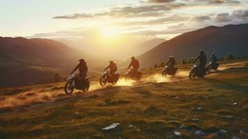 ai generato il ipnotizzante scena di un' motociclista gruppo avvolto nel il radiante splendore di crepuscolo foto