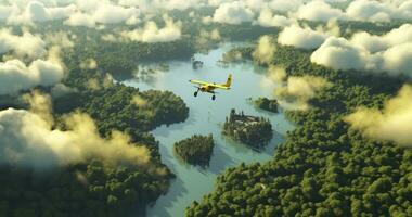 ai generato lontano aereo Visualizza di un' denso foresta pluviale vegetazione con laghi nel un' forma di mondo continenti, nuvole e uno piccolo giallo aereo. foto