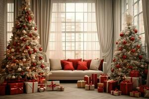 accogliente vivente camera con bellissimo Natale albero e rosso i regali nel moderno interno. interno di vivente camera decorato per allegro Natale con calzini, regalo scatole e Natale Accessori di ai generato foto