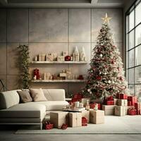 accogliente vivente camera con bellissimo Natale albero e rosso i regali nel moderno interno. interno di vivente camera decorato per allegro Natale con calzini, regalo scatole e Natale Accessori di ai generato foto