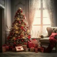 accogliente vivente camera con bellissimo Natale albero e rosso i regali nel moderno interno. interno di vivente camera decorato per allegro Natale con calzini, regalo scatole e Natale Accessori di ai generato foto