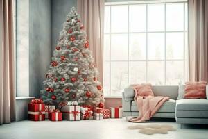 accogliente vivente camera con bellissimo Natale albero e rosso i regali nel moderno interno. interno di vivente camera decorato per allegro Natale con calzini, regalo scatole e Natale Accessori di ai generato foto