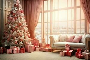 accogliente vivente camera con bellissimo Natale albero e rosso i regali nel moderno interno. interno di vivente camera decorato per allegro Natale con calzini, regalo scatole e Natale Accessori di ai generato foto