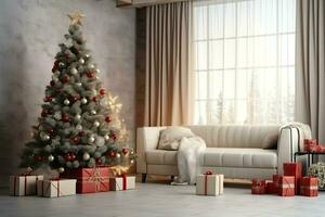 accogliente vivente camera con bellissimo Natale albero e rosso i regali nel moderno interno. interno di vivente camera decorato per allegro Natale con calzini, regalo scatole e Natale Accessori di ai generato foto