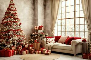 accogliente vivente camera con bellissimo Natale albero e rosso i regali nel moderno interno. interno di vivente camera decorato per allegro Natale con calzini, regalo scatole e Natale Accessori di ai generato foto