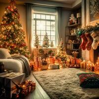 accogliente vivente camera con bellissimo Natale albero e rosso i regali nel moderno interno. interno di vivente camera decorato per allegro Natale con calzini, regalo scatole e Natale Accessori di ai generato foto