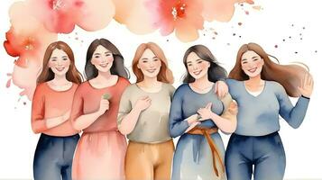 ai generato contento donne gruppo per internazionale Da donna giorno , acquerello stile illustrazione contento donne giorno foto