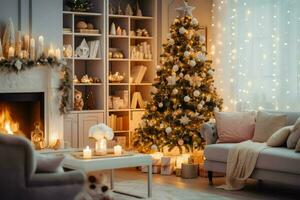 accogliente vivente camera con bellissimo Natale albero e rosso i regali nel moderno interno. interno di vivente camera decorato per allegro Natale con calzini, regalo scatole e Natale Accessori di ai generato foto