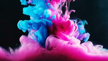 ai generato astratto colorato rosa e blu tintura nel acqua su buio sfondo. foto