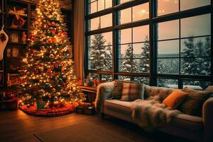 accogliente vivente camera con bellissimo Natale albero e rosso i regali nel moderno interno. interno di vivente camera decorato per allegro Natale con calzini, regalo scatole e Natale Accessori di ai generato foto