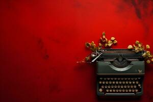 ai generato retrò stile rosso sfondo decorato con vecchio macchine da scrivere. foto