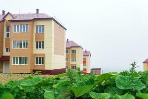 paesaggio urbano di yuzhno-kurilsk cittadina su il isola di kunashir su un' nuvoloso giorno foto