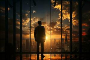 ai generato uomo d'affari guardare su il finestra con paesaggio urbano e tramonto sfondo. foto
