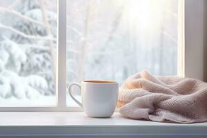 ai generato tazza di caffè su il finestra davanzale su un' inverno mattina foto