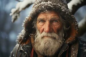 ai generato ritratto di un' villaggio vecchio uomo contro il fondale di un' nevoso naturale paesaggio foto