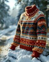 ai generato un brutto maglione per Natale seduta su un' nevoso strada nel il mezzo di un' inverno foresta foto