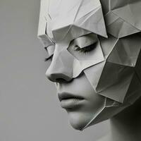 ai generato bw foto avvicinamento di il viso di un' giovane ragazza nel un origami maschera con sua occhi chiuso