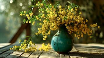 ai generato su il di legno portico, nel il raggi di il sole, Là è un' verde vaso con mimosa fiori foto