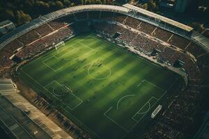 ai generato aereo stabilendo tiro di un' totale stadio con calcio campionato incontro. squadre giocare a, folla di fan allegria. gli sport concetto. foto