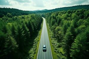 ai generato aereo Visualizza di un' strada nel il mezzo di il foresta foto