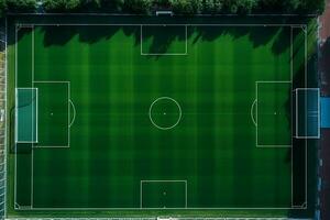 ai generato verde calcio campo o calcio campo superiore Visualizza con realistico erba struttura e falciatura modello, realistico calcio intonazione foto