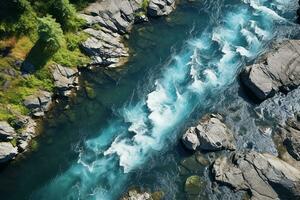 ai generato fiume e verde foresta naturale parco, aereo Visualizza foto