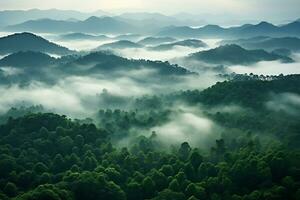 ai generato aereo Visualizza di buio verde foresta con nebbioso nuvole. il ricco naturale ecosistema di foresta pluviale concetto di naturale foresta conservazione e rimboschimento. foto