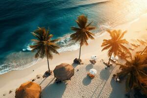 ai generato aereo Visualizza, sorprendente spiaggia con ombrelli e sala sedie letti vicino per turchese mare. bellissimo Visualizza estate spiaggia paesaggio idilliaco rilassare tranquillo coppia vacanza, romantico vacanza foto