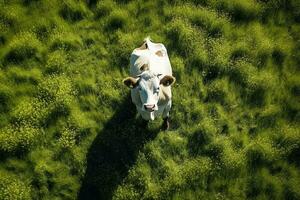 ai generato aereo Visualizza di mucca su verde prato nel estate. foto