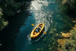 ai generato aereo Visualizza di montagna fiume persone rafting nel torrente. estremo vitalità foto