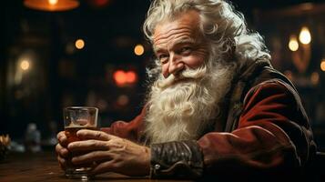 ai generato Santa Claus rilassante nel un' bar dopo il Lavorando settimana prima Natale foto