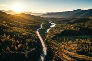 ai generato aereo Visualizza di montagna strada nel foresta a tramonto nel autunno. superiore Visualizza a partire dal fuco di strada nel boschi. bellissimo paesaggio con carreggiata nel colline, pino alberi, verde prati foto