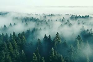 ai generato aereo Visualizza di buio verde foresta con nebbioso nuvole. il ricco naturale ecosistema di foresta pluviale concetto di naturale foresta conservazione e rimboschimento. foto