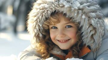 ai generato avvicinamento di di carnagione chiara Riccio ragazza con Marrone capelli nel cappuccio e inverno giacca nel il parco su un' soleggiato inverno giorno foto