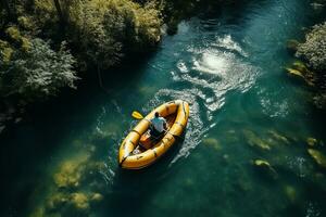 ai generato aereo Visualizza di montagna fiume persone rafting nel torrente. estremo vitalità foto