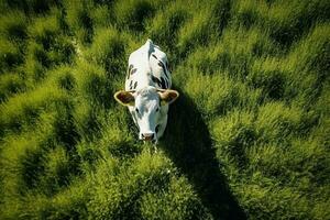 ai generato aereo Visualizza di mucca su verde prato nel estate. foto