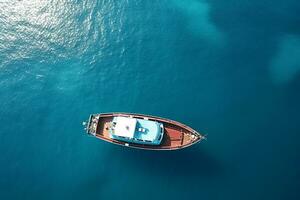 ai generato aereo Visualizza di blu mare e barca foto