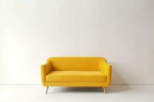 ai generato morbido vuoto giallo divano sta su bianca isolato sfondo, confortevole tessuto divano è solo contro il sfondo di bianca parete, copia spazio. generativo ai. foto