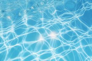 ai generato blu acqua superficie con luminosa sole leggero riflessi, acqua nel nuoto piscina sfondo avvicinamento. generativo ai. foto
