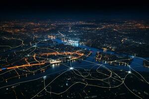 ai generato illuminato porta cittadina a notte. aereo Visualizza su fiume buio cielo. vivido notte vita. foto